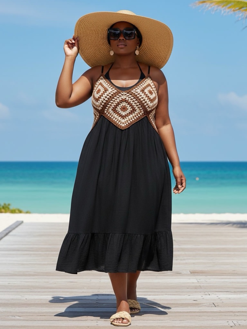 Raviya Crochet Bodice Midi Dress Cover Up Black Brown Boho Plus Size 2X NWT